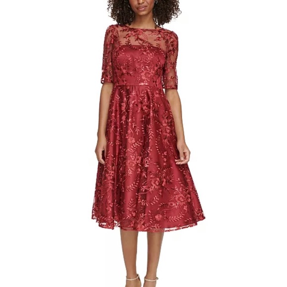 Eliza J Women's Embroidered Elbow-Sleeve Red Dress - Picture 2 of 4